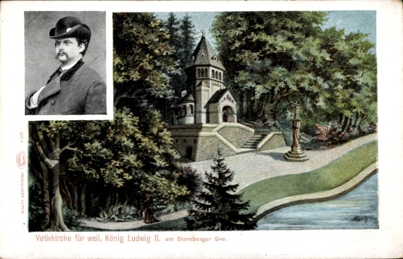 Postcard Berg am Starnberger See Upper Bavaria, votive church for the then King Ludwig II.