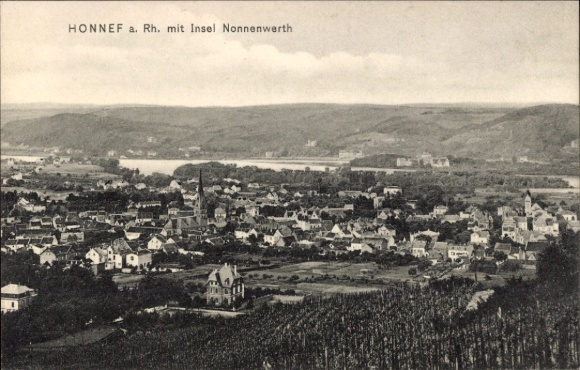 Postcard Bad Honnef am Rhein, view of Nonnenwerth Island, landscape, houses