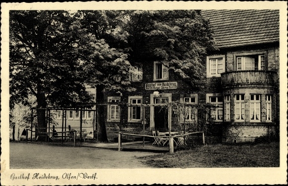 Postcard Olfen in Westfalen, view of the Gasthof Heidekrug, owner Anton Schrey, entrance, facade