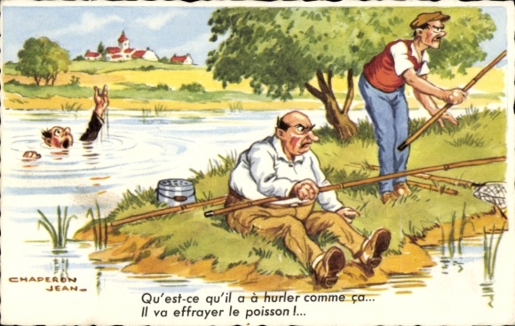 Artist Postcard Chaperon, Jean, angler, drowning man calls too loudly