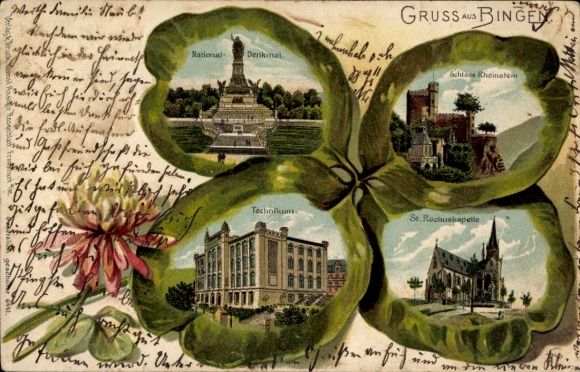 Embossed Chromo-Litho Bingen am Rhein, National Monument, Rheinstein Castle, Technical College, St. Rochus Chapel
