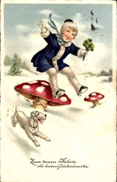 Ak Gelukkig nieuwjaar, kind met klaverbladeren, paddenstoelen, hond
