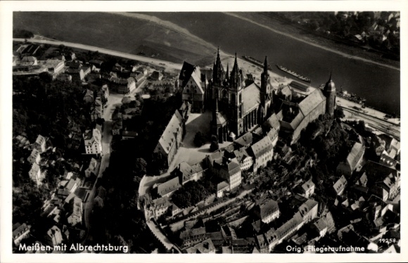 Postcard Meißen on the Elbe, partial view with Albrechtsburg, aerial photograph