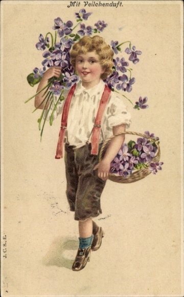 Postcard Boy with Flower Basket, Violets