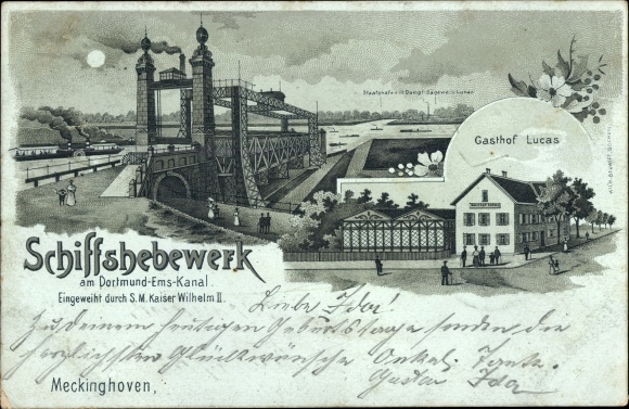 Moonlight Chromo-Litho Meckinghoven Datteln in the Ruhr area, ship lift on the Dortmund-Ems Canal