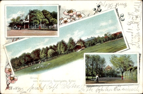 Ak Erlau in Sachsen, Kühnrichs Gasthof, Sportplatz