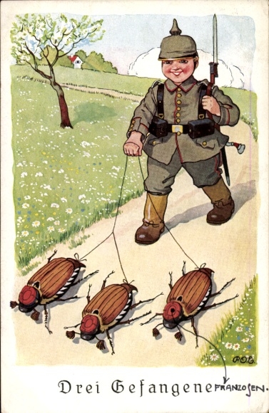 Artist Postcard Pentecost, Boy in Uniform, Maybug, Three Captured Frenchmen