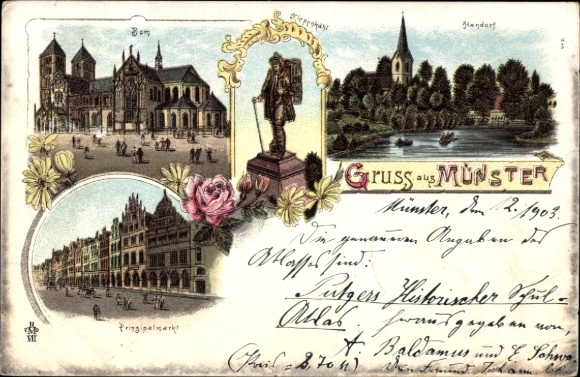 Litho Münster in Westfalen, Domkirche, Prinzipalmarkt, Handorf, Denkmal