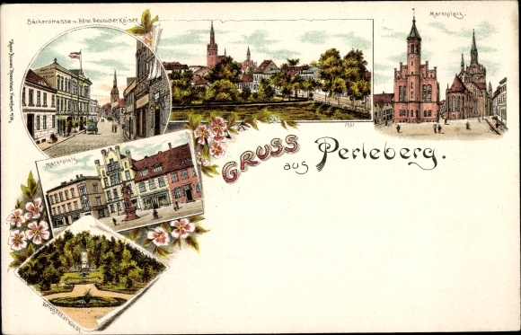 Chromo-Litho Perleberg in Prignitz, Backerstrasse, Hotel Deutscher Kaiser, market, war memorial