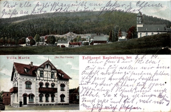 Ak Rautenkranz in Vogtland, gedeeltelijk uitzicht, kerk, Villa Marie