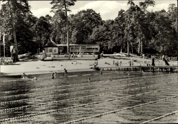 Postcard Dargun in Mecklenburg, swimming pool, bathing lake, trees, summer, people on the beach