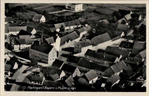 Postcard Mertingen in Swabia, aerial photograph of Bavaria, houses and streets, black and white
