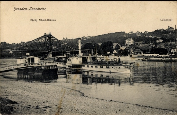 Ak Dresden Nordost Loschwitz, Dampfer bei König Albert Brücke, Luisenhof im Hintergrund