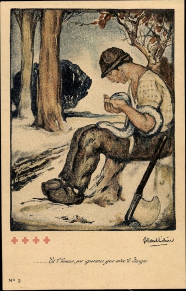 Artist Postcard Allard L'Olivier, And man, through ignorance, loves danger, Belgian Red Cross