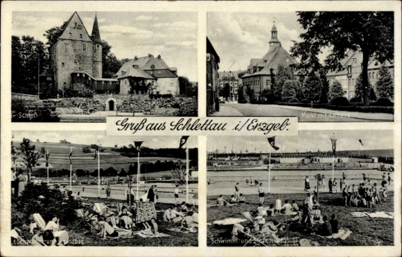 Ak Schlettau in het Ertsgebergte van Saksen, gedeeltelijk uitzicht, markt met stadhuis, kasteel, kerk, zwembad