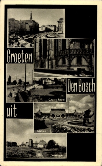 Postcard 's Hertogenbosch Den Bosch North Brabant Netherlands, Chalet Royal, train station, Veemarkt