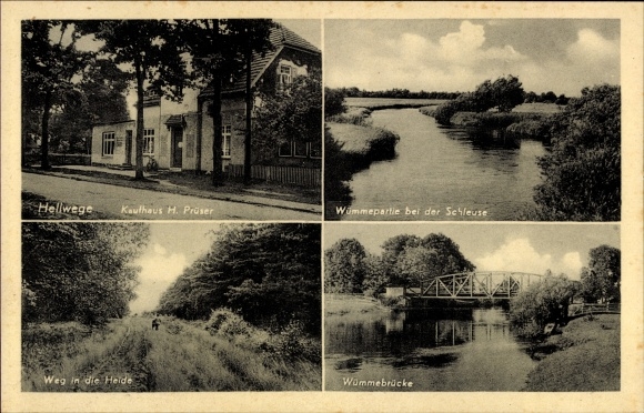 Postcard Hellwege in Lower Saxony, department store H. Prüser, Wümmepartie at the lock, way to the heath