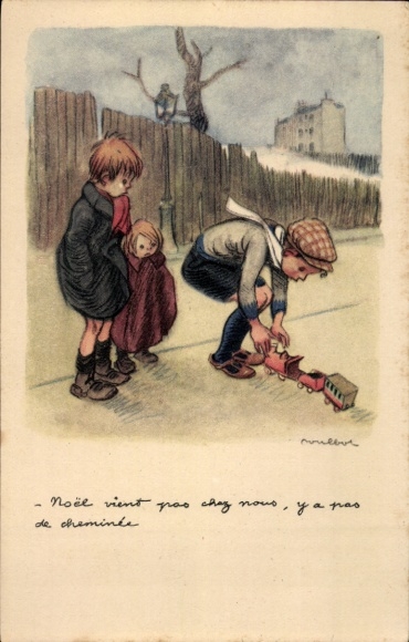 Artist Postcard Poulbot, Francisque, Boys with toy train, Ligue Nationale contre le Taudis