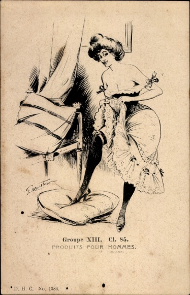 Artist Postcard Mouton, Exposition Universelle de Paris 1900, Produits pour Hommes, woman in a corset