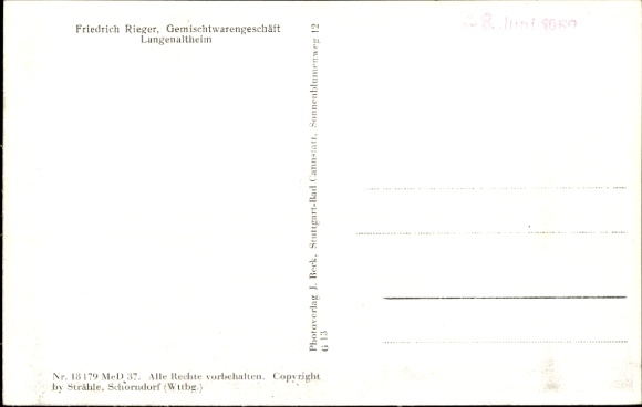 Ak Langenaltheim in Mittelfranken, Luftaufnahme von  Gemischtwarengeschäft Fr. Rieger