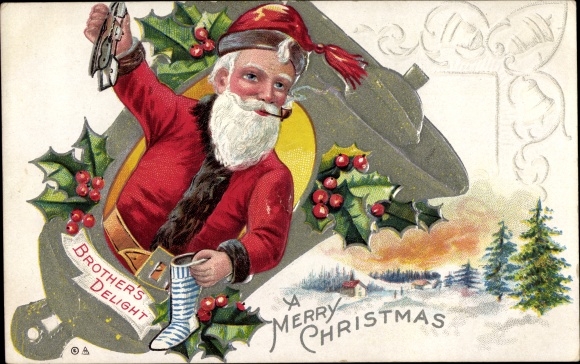 Emboss Postcard Congratulations Christmas, Santa, bell, skate, holly sprigs