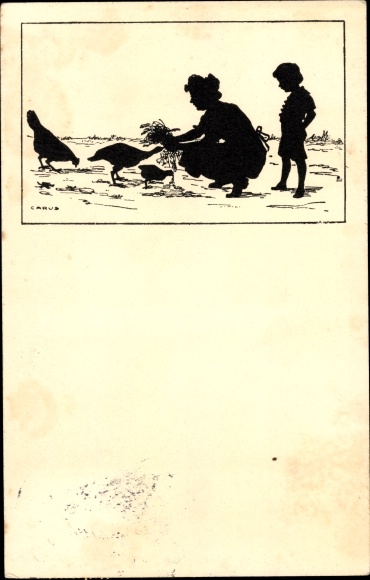 Paper cut artist Postcard Carus, woman feeds chickens