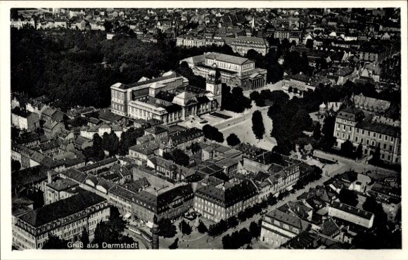 Postcard Darmstadt in Hesse, aerial view of various buildings, parks
