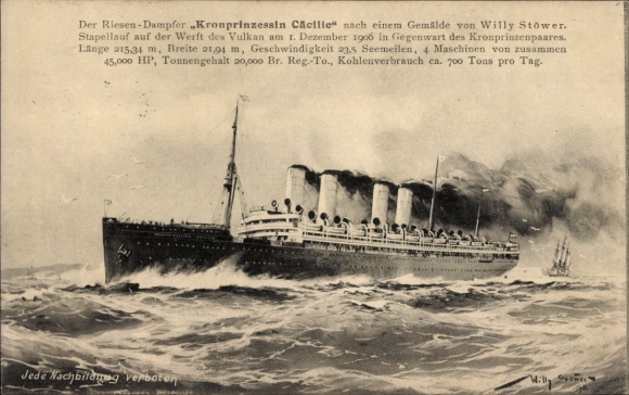 Artist Postcard Stöwer, W., Steamer Kronprinzessin Cecilie, North German Lloyd Bremen NDL