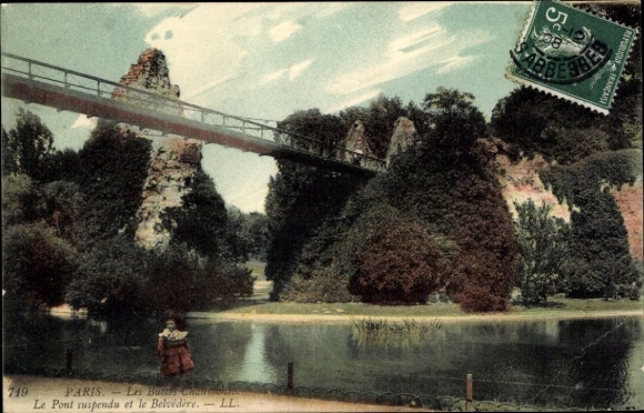 Ansichtkaart Parijs XIX. Buttes Chaumont, hangbrug en Belvedere