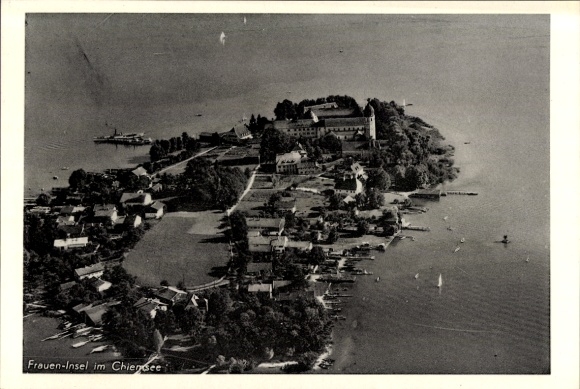 Postcard Frauenchiemsee Fraueninsel Chiemsee Upper Bavaria, aerial photograph