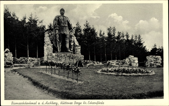 Postcard Ascheffel in the Eckernförde district, Bismarck monument on the Aschberg, Hüttener mountains