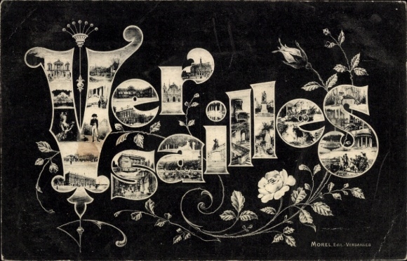 Postcard Versailles Yvelines, lettering decorative elements, floral patterns, pictures
