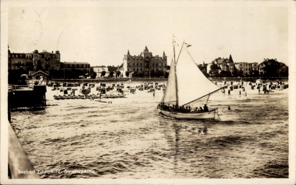 Postcard Ostseebad Zinnowitz on Usedom, seaside resort beach, sailboat, beach chairs