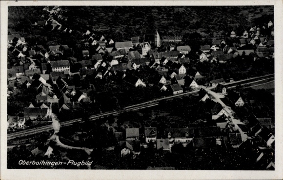 Postcard Oberboihingen Baden Württemberg, aerial view, many houses, church, railway line