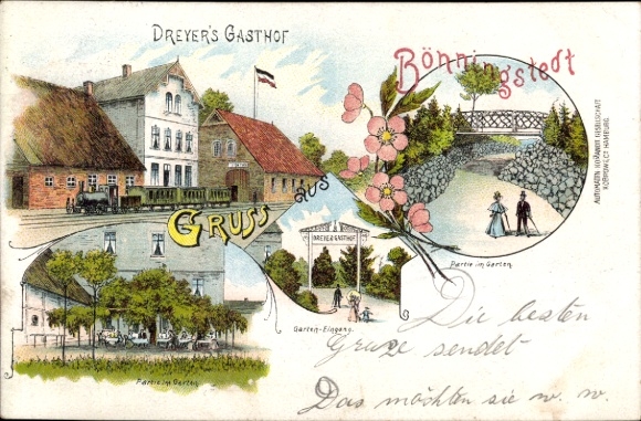 Ak Bönningstedt in Sleeswijk Holstein, Dreyer's Gasthof, stoomlocomotief