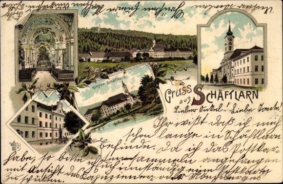 Litho Schäftlarn Opper-Beieren, klooster, gedeeltelijke aanzichten
