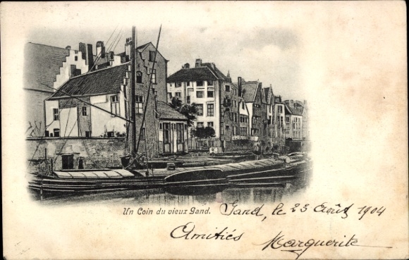 PC Gand Gent East Flanders, drawing of an old harbor, boats, houses, text in French