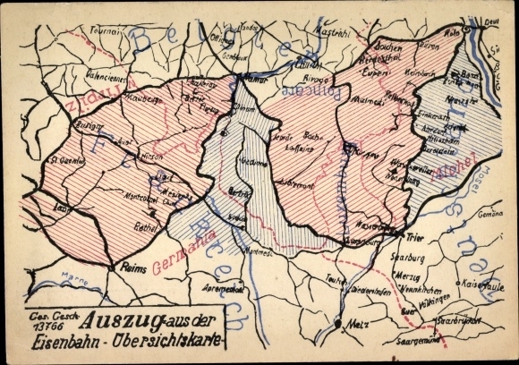 Vexir maps Postcard Excerpt from the railway overview map, railway network Reims Namur Trier