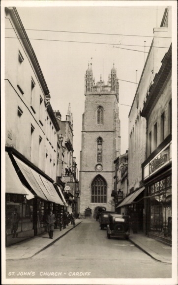 Postcard Cardiff Wales, St. John's Church, street, architecture, old buildings