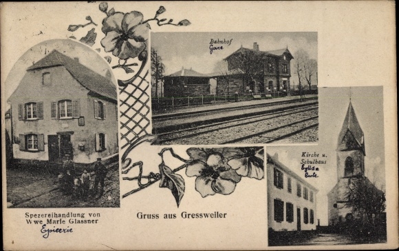 Postcard Gresswiller Gressweiler Alsace Bas Rhin, spice shop, train station, track side, church, school building