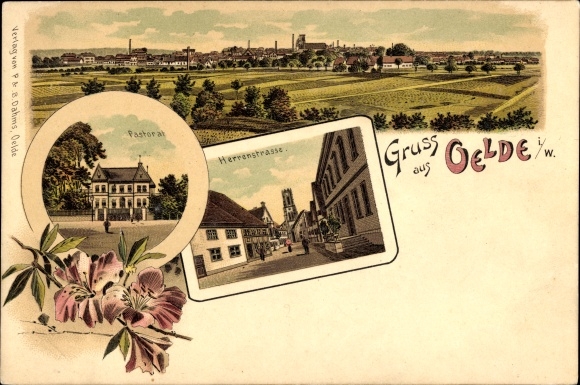 litho Oelde in de wijk Warendorf in het Münsterland, panoramisch uitzicht, pastoraat, Herrenstrasse