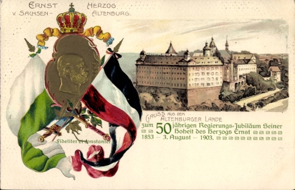 Präge Gold Litho Altenburg in Thüringen, Porträt Herzog Ernst I., 50jähriges Regierungsjubiläum
