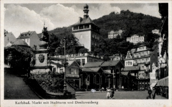 Postcard Karlsbad in Baden, market with town tower, Dreikreuzberg, architecture