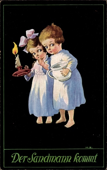 Artist Postcard Zahl, H., The sandman is coming, children, candle, chamber pot