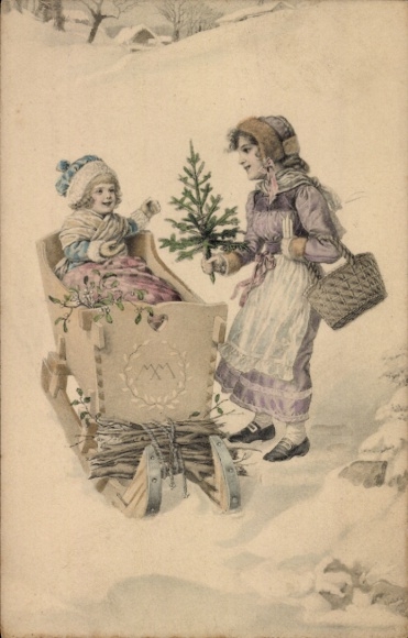 Artist Postcard Winter, sleigh, children, Christmas tree