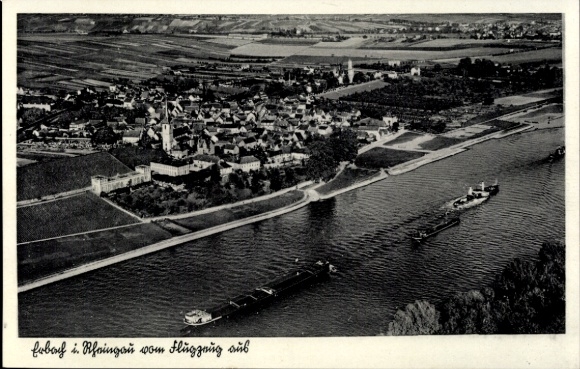 Postcard Erbach im Rheingau Eltville am Rhein Hessen, aerial photography, ship
