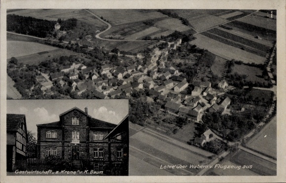 Postcard Lohre Felsberg in the Odenwald Hesse, aerial photograph, restaurant Zur Krone, K. Baum