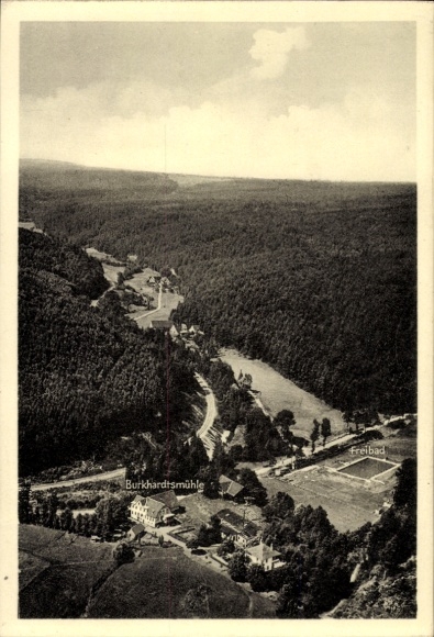 Postcard Waldenbuch in Württemberg, aerial photograph, Burkhardtsmühle, outdoor pool, Siebenmühlental