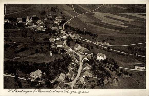 Postcard Wellendingen Bonndorf in the Black Forest, aerial view of Wellendingen and Bonndorf, view from the river