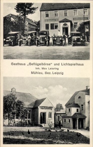 Ak Mühlau in Sachsen, Gasthaus Geflügelbörse und Lichtspielhaus, Autos